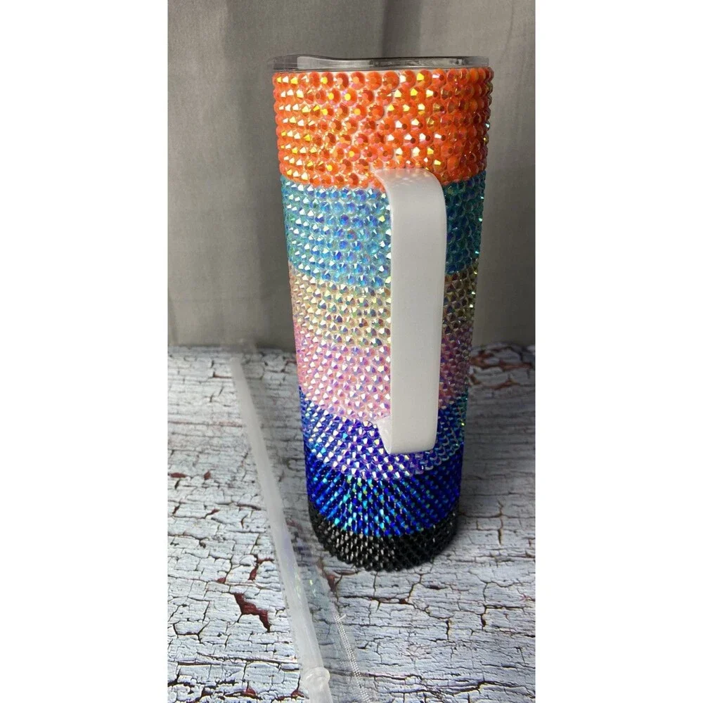 Multicolor Handmade Rhinestone Tumbler W/Handle 20oz Skinny W/Lid & Straw
